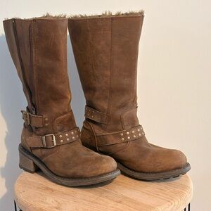Stylish Brown Suede Leather Combat Boots with Buckle Accents